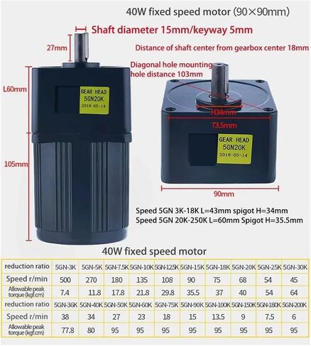 asynchronous motor 40W 380V AC Gear Motor Three Phase High Torque 5IK40GN-Y Deceleration Asynchronous Motor Shaft Diameter 15mm Keyway 5mm(19RPM) in Saudi Arabia