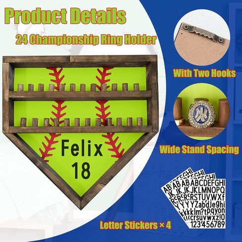 Personalized Baseball Softball Championship Ring Holder Display Case, Custom Name Number Sports Ring Display Case Wooden,24 Ring Posts,Trophy & Medal Gift Display Case for Men Dad(Yellow) in Saudi Arabia
