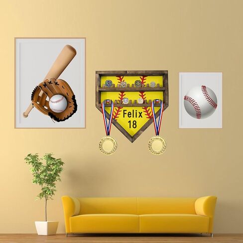 Personalized Baseball Softball Championship Ring Holder Display Case, Custom Name Number Sports Ring Display Case Wooden,24 Ring Posts,Trophy & Medal Gift Display Case for Men Dad(Yellow) in Saudi Arabia