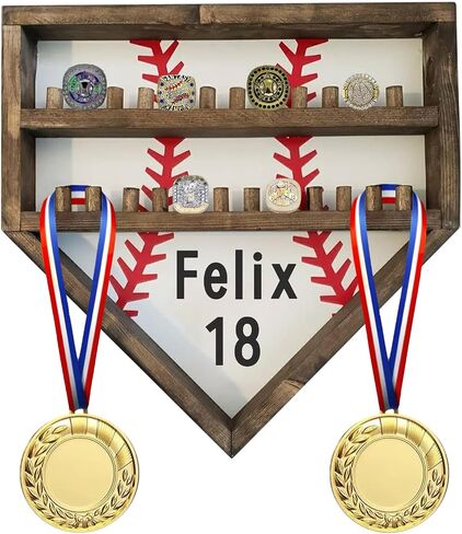 Personalized Baseball Softball Championship Ring Holder Display Case, Custom Name Number Sports Ring Display Case Wooden,24 Ring Posts,Trophy & Medal Gift Display Case for Men Dad(Yellow) in Saudi Arabia