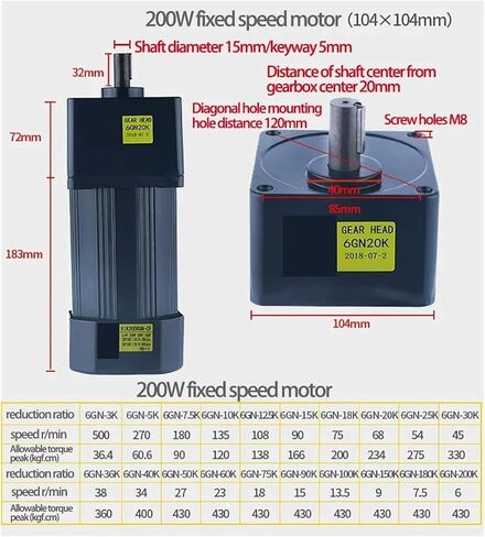 محرك غير متزامن 200W 220V AC التروس الثابتة محرك 6IK200GN-CF عزم الدوران المرتفع مرحلة واحدة تباطؤ المحرك غير المتزامن (467 دورة في الدقيقة) in Saudi Arabia
