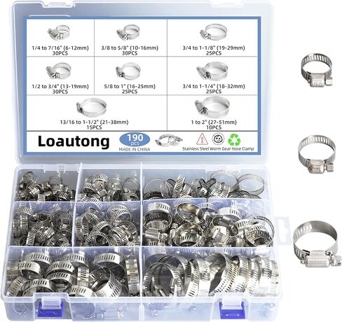 190PCS Worm Gear Hose Clamp Assortment Kit, 1/4"-2"(6-51mm) 304 Stainless Steel Heavy Duty Hose Clamp, Adjustable Worm Gear Hose Clamps Screw Clamps Duct Tube Line Pipe Metal in Saudi Arabia