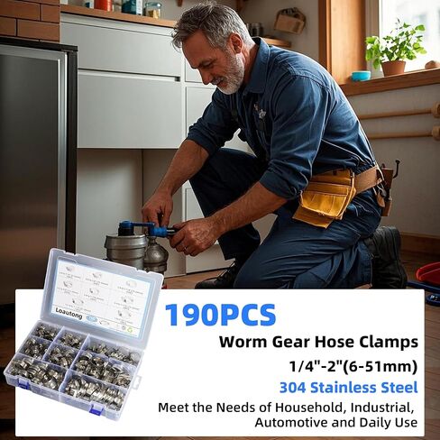 190PCS Worm Gear Hose Clamp Assortment Kit, 1/4"-2"(6-51mm) 304 Stainless Steel Heavy Duty Hose Clamp, Adjustable Worm Gear Hose Clamps Screw Clamps Duct Tube Line Pipe Metal in Saudi Arabia