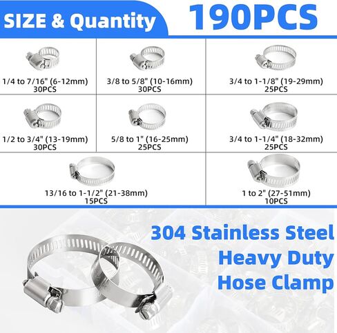 190PCS Worm Gear Hose Clamp Assortment Kit, 1/4"-2"(6-51mm) 304 Stainless Steel Heavy Duty Hose Clamp, Adjustable Worm Gear Hose Clamps Screw Clamps Duct Tube Line Pipe Metal in Saudi Arabia