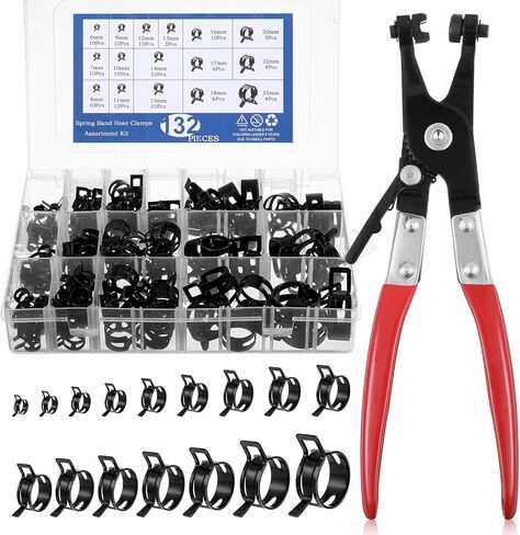 132Pcs Flat Spring Hose Clamps, Spring Band Hose Clamp Assortment Kit with Swivel Clamp Pliers for Fuel Line, Silicone, Vacuum Hoses Low-Pressure Air Clips(Black) in Saudi Arabia