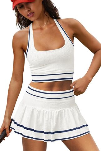 LAMISSCHE Tennis Skirt Sets Women 2 Piece Outfits Summer Yoga Skort Set Seamless Halter Top and Skirt with Pockets in Kuwait