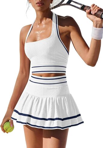LAMISSCHE Tennis Skirt Sets Women 2 Piece Outfits Summer Yoga Skort Set Seamless Halter Top and Skirt with Pockets in Kuwait