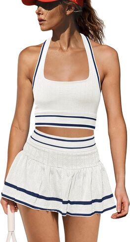 LAMISSCHE Tennis Skirt Sets Women 2 Piece Outfits Summer Yoga Skort Set Seamless Halter Top and Skirt with Pockets in Kuwait