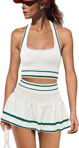LAMISSCHE Tennis Skirt Sets Women 2 Piece Outfits Summer Yoga Skort Set Seamless Halter Top and Skirt with Pockets in Kuwait