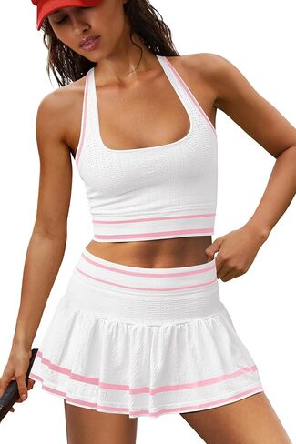 LAMISSCHE Tennis Skirt Sets Women 2 Piece Outfits Summer Yoga Skort Set Seamless Halter Top and Skirt with Pockets in Kuwait