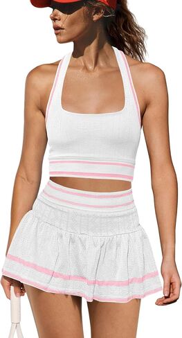 LAMISSCHE Tennis Skirt Sets Women 2 Piece Outfits Summer Yoga Skort Set Seamless Halter Top and Skirt with Pockets in Kuwait