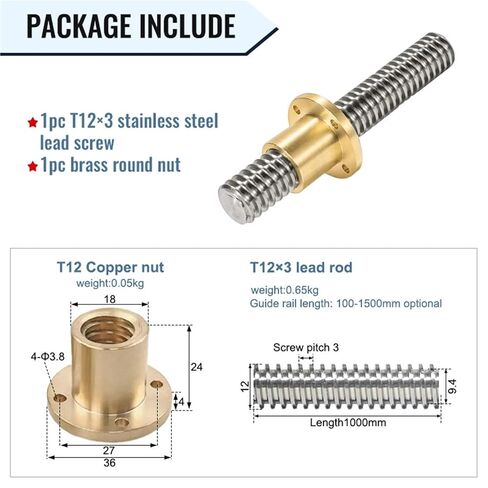 Double nut Ball Screw Control Machine 1pcs Stainless Steel Trapezoidal Screw T12*3+Flang Nut 100 150 200 250 300 350 400 450 500 600 800 900 1000mm(550MM) in Kuwait