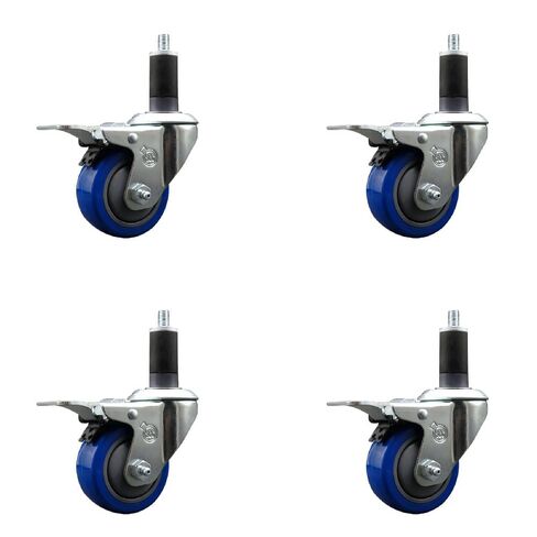 Polyurethane Swivel Expanding Stem Caster Set of 4 with 3 Inch Blue Wheels and 1-1/4" Stems - Includes 4 Swivel with Total Locking Brakes - 300 lbs. Capacity Per Caster - Service Caster Brand in Kuwait