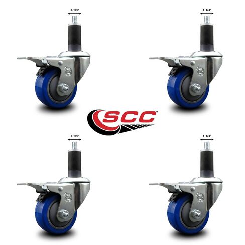 Polyurethane Swivel Expanding Stem Caster Set of 4 with 3 Inch Blue Wheels and 1-1/4" Stems - Includes 4 Swivel with Total Locking Brakes - 300 lbs. Capacity Per Caster - Service Caster Brand in Kuwait