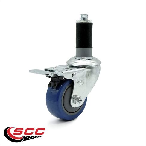 Polyurethane Swivel Expanding Stem Caster Set of 4 with 3 Inch Blue Wheels and 1-1/4" Stems - Includes 4 Swivel with Total Locking Brakes - 300 lbs. Capacity Per Caster - Service Caster Brand in Kuwait
