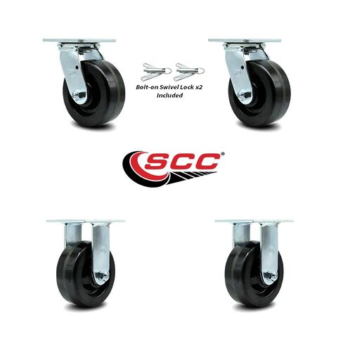 Phenolic Swivel Top Plate Casters Set of 4 Heavy Duty with 5 Inch Wheels - Includes 2 Swivel with Bolt on Swivel Locks and 2 Rigid – 4,000 lbs. Total Capacity - Service Caster Brand in Kuwait