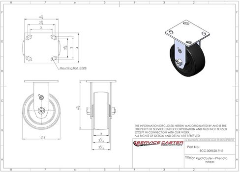 Phenolic Swivel Top Plate Casters Set of 4 Heavy Duty with 5 Inch Wheels - Includes 2 Swivel with Bolt on Swivel Locks and 2 Rigid – 4,000 lbs. Total Capacity - Service Caster Brand in Kuwait