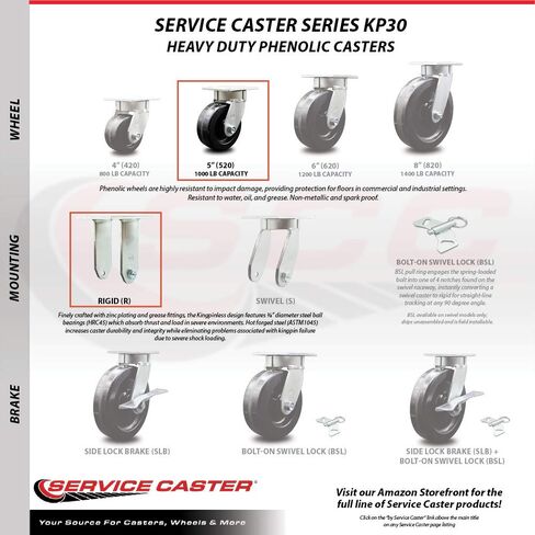 Phenolic Swivel Top Plate Casters Set of 4 Heavy Duty with 5 Inch Wheels - Includes 2 Swivel with Bolt on Swivel Locks and 2 Rigid – 4,000 lbs. Total Capacity - Service Caster Brand in Kuwait