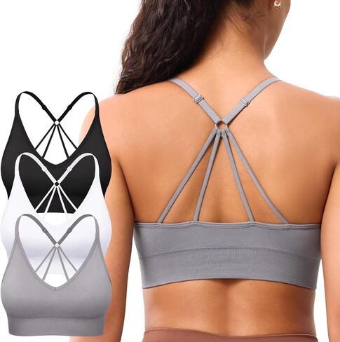 Strappy V Neck Sport Bra for Women, Multipack Padded Seamless Wireless Supportive Racerback Criss Cross Workout Yoga Bra Pack in Kuwait
