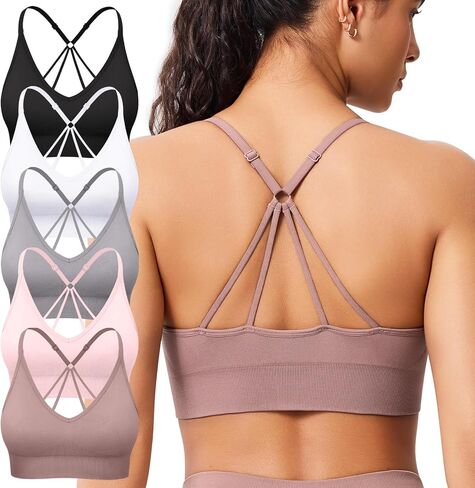 Strappy V Neck Sport Bra for Women, Multipack Padded Seamless Wireless Supportive Racerback Criss Cross Workout Yoga Bra Pack in Kuwait