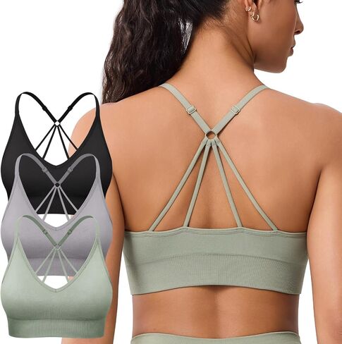 Strappy V Neck Sport Bra for Women, Multipack Padded Seamless Wireless Supportive Racerback Criss Cross Workout Yoga Bra Pack in Kuwait