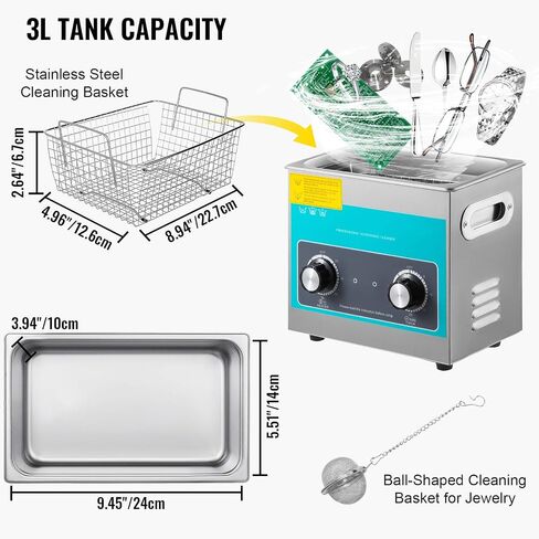 VEVOR Knob Ultrasonic Cleaner 3L 40kHz Ultrasonic Cleaning Machine Knob Control Sonic Cleaner 304 Stainless Steel Ultrasonic Cleaner Machine with Heater & Timer for Cleaning Jewelry Eyeglasses Watches in Saudi Arabia