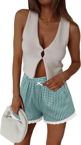 شورت Aoulaydo Womens Y2K Pajamas Shorts Gingham PJ Boxer Shorts Lounge Strims قيعان النوم مع جيوب برتقالية in Kuwait
