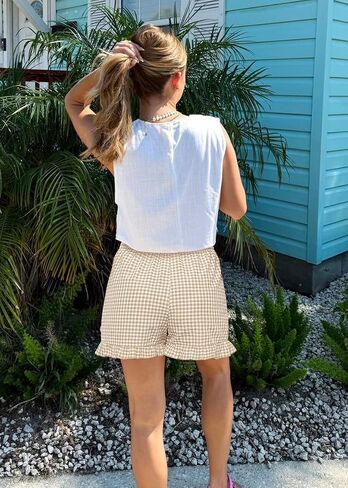 شورت Aoulaydo Womens Y2K Pajamas Shorts Gingham PJ Boxer Shorts Lounge Strims قيعان النوم مع جيوب برتقالية in Kuwait