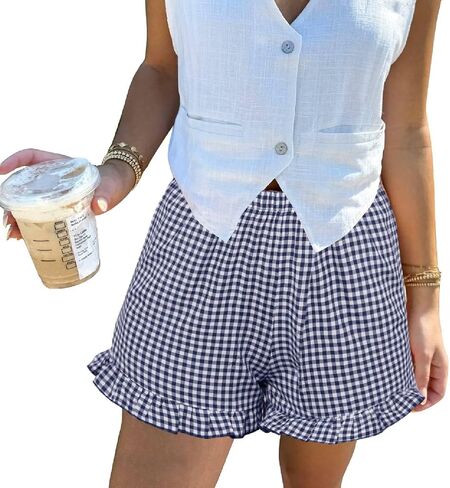 شورت Aoulaydo Womens Y2K Pajamas Shorts Gingham PJ Boxer Shorts Lounge Strims قيعان النوم مع جيوب برتقالية in Kuwait