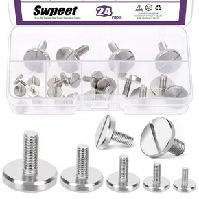 Swpeet 24Pcs 5 Sizes M2.5 M3 M4 M5 M6 304 Stainless Steel One-Word Slot Extra Large Flat Head Slotted Screw Assortment Kit, Flat Round Head Bolt Slotted Decoration Screws for Decoration Maintenance in Kuwait