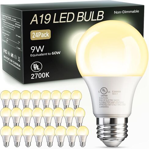 TJOY 24 Pack A19 LED Light Bulbs Soft Warm White 2700K, 60 Watt Equivalent, Efficient 9W, E26 Standard Base, Non Dimmable Energy Saving Warm Light Lamp Bulb, 800LM 120V, for Home, Bedroom, Living Room in Kuwait