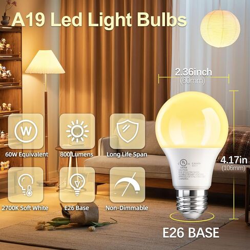 TJOY 24 Pack A19 LED Light Bulbs Soft Warm White 2700K, 60 Watt Equivalent, Efficient 9W, E26 Standard Base, Non Dimmable Energy Saving Warm Light Lamp Bulb, 800LM 120V, for Home, Bedroom, Living Room in Kuwait