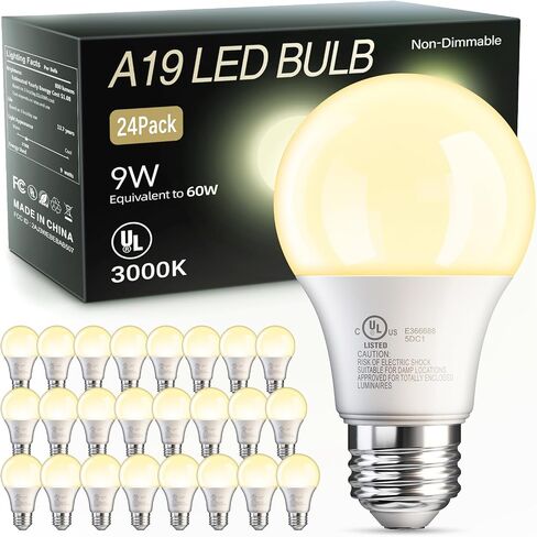 TJOY 24 Pack A19 LED Light Bulbs Soft Warm White 2700K, 60 Watt Equivalent, Efficient 9W, E26 Standard Base, Non Dimmable Energy Saving Warm Light Lamp Bulb, 800LM 120V, for Home, Bedroom, Living Room in Kuwait