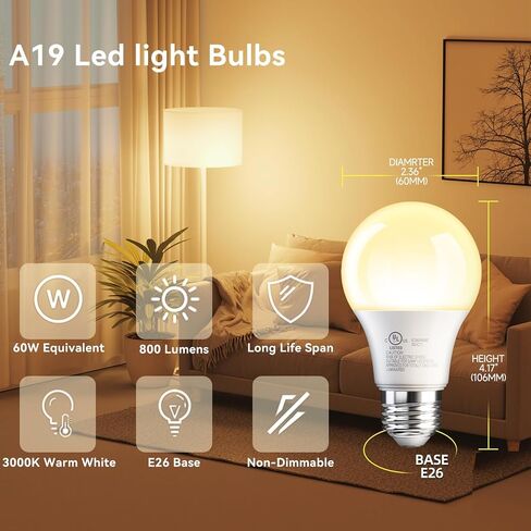 TJOY 24 Pack A19 LED Light Bulbs Soft Warm White 2700K, 60 Watt Equivalent, Efficient 9W, E26 Standard Base, Non Dimmable Energy Saving Warm Light Lamp Bulb, 800LM 120V, for Home, Bedroom, Living Room in Kuwait