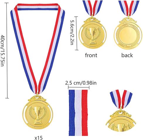 15 قطعة ميداليات جائزة الذهب الميداليات مع قلادات الشريط للرياضة والألعاب والمنافسة ومكافآت الطلاب وعروض المواهب والحفلات والأسلوب الأولمبي ، 2 بوصة in Kuwait