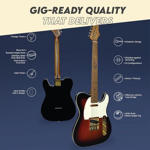 Gigline Broadcaster SE Plus Electric Guitar T-Style Adult Full Size, Alder, Stainless Steel Frets (Ball End), Bone Nut, Wilkinson Bridge, Roasted Maple Neck, Flame Maple Top, Sunburst in Saudi Arabia