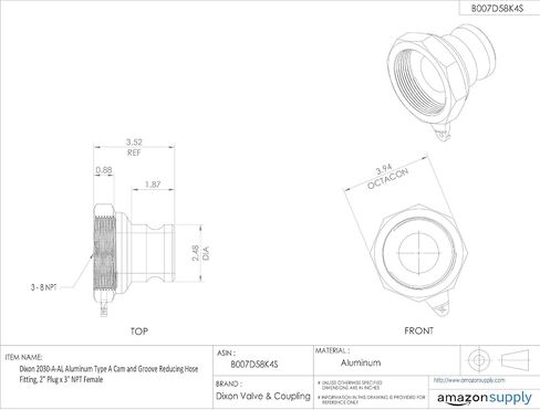 Dixon 2030-A-AL Aluminum Type A Cam and Groove Reducing Hose Fitting, 2" Plug x 3" NPT Female in Saudi Arabia