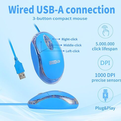 SOON GO Pink Mouse,Computer Mouse,with 1.5m Pink USB Cable - Compatible with Windows, Linux, Mac, Laptop, PC & Desktop - Ideal for Office, Home, Business, School, Kids & Women in Kuwait