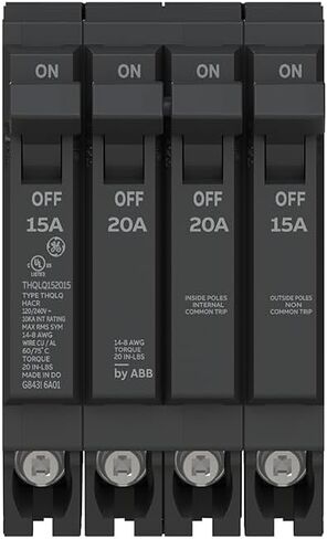 ABB Q-Line® THQLQ152015 Quad Circuit Breaker • 15A/1P, 20A/2P, & 15A/1P Configuration • 120/240 VAC, 10 kAIC • Thermal Magnetic Trip • Space-Saving Plug-in Mount Type in Saudi Arabia