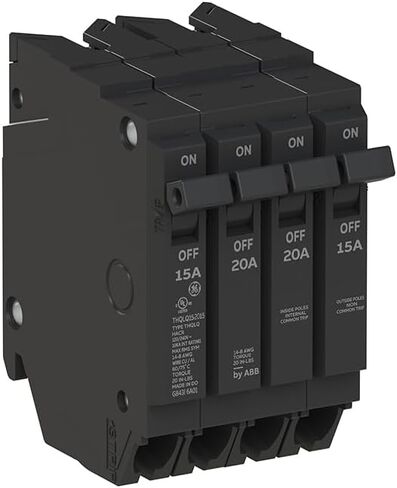 ABB Q-Line® THQLQ152015 Quad Circuit Breaker • 15A/1P, 20A/2P, & 15A/1P Configuration • 120/240 VAC, 10 kAIC • Thermal Magnetic Trip • Space-Saving Plug-in Mount Type in Saudi Arabia