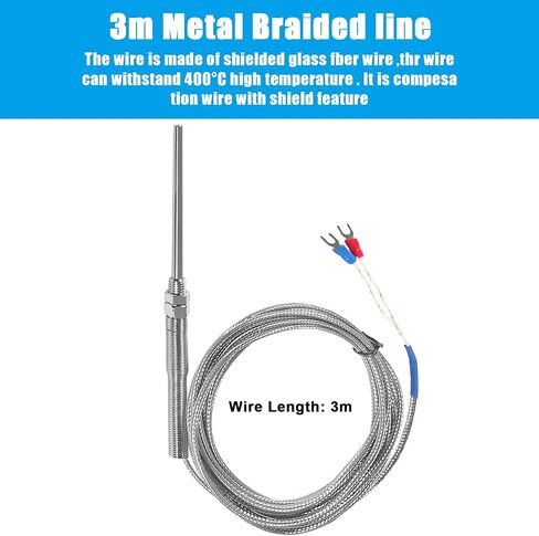 Alinan 2pcs 2M/Approx 6.6Ft 50MM Probe M8 Pipe Thread Temperature Sensor Probe Two Wire Temperature Controller (0~400℃) K-Type Stainless Steel Thermocouple in Saudi Arabia