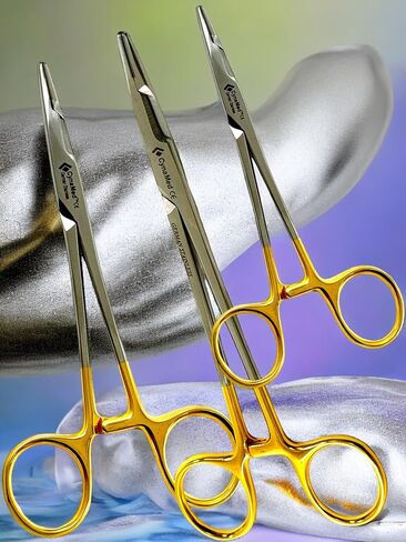 Pack of 3 - Olsen Hegar Needle Holder 5" + 6" + 7" with Tungsten Carbide Inserts and Gold Handle - German Stainless CE - Artlab in Saudi Arabia