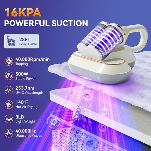 منظف ​​فراغ مرتبة ، 16 كيلو باي حتى الفراش ، مكنسة كهربائية سرير شطرية قوية مع 253.7nm UV-C للضوء والتكنولوجيا التدفئة العالية والفرشاة و 0.7 لتر كوب مزدوج ، والفراغات المحمولة المحمولة للوسادة سجاد سجاد سرير السرير in Saudi Arabia