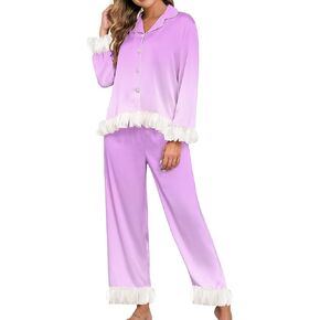 Brosloth Womens Silk Pajamas Long Sleeve Button Up Pajama Cute Soft Satin Fall Pjs Sets 2 Piece Lounge Set Sleepwear in Kuwait