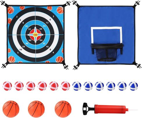 Double Sided Trampoline Game Accessory Set, Include Basketball Hoop Attachment and Dart Game Oxford Cloth Trampoline Game Attachments for Kids Adults(Blue) in Saudi Arabia