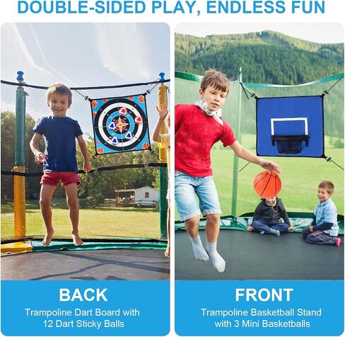 Double Sided Trampoline Game Accessory Set, Include Basketball Hoop Attachment and Dart Game Oxford Cloth Trampoline Game Attachments for Kids Adults(Blue) in Saudi Arabia