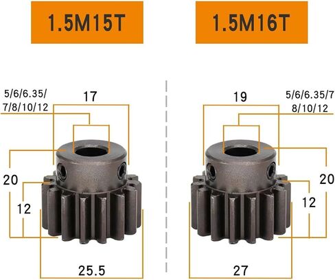 Steel Motor Drive Gear Spur Gear 1.5M-15T/16T Carbon Steel Gear Inner Bore 5/6/6.35/7/8/10/12mm(5 mm-1.5M15T) in Saudi Arabia