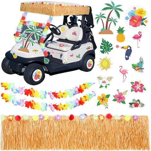 Zeyune 19 PCS Summer Parade Golf Cart Decorations Kit Hawaiian Luau Grass Fringe Banner 19.7 ft plastic flower lei garland summer luau stickers for golf cart summer decorations in Saudi Arabia