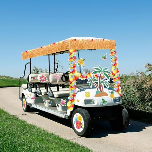 Zeyune 19 PCS Summer Parade Golf Cart Decorations Kit Hawaiian Luau Grass Fringe Banner 19.7 ft plastic flower lei garland summer luau stickers for golf cart summer decorations in Saudi Arabia