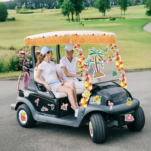 Zeyune 19 PCS Summer Parade Golf Cart Decorations Kit Hawaiian Luau Grass Fringe Banner 19.7 ft plastic flower lei garland summer luau stickers for golf cart summer decorations in Saudi Arabia